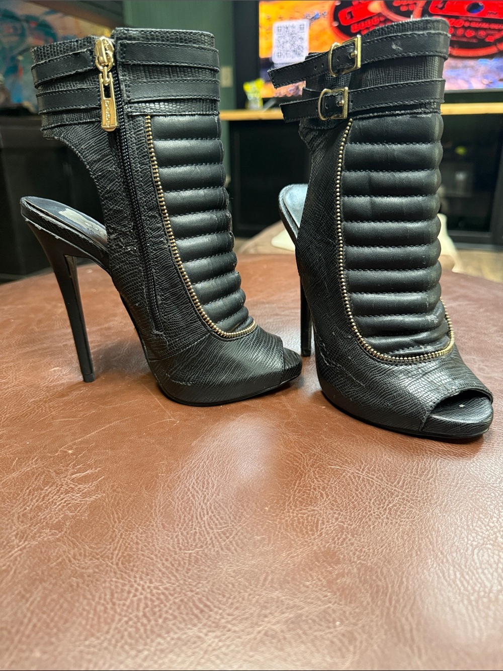 Bebe Women’s Black High Heel Ankle Boots with Front Zip